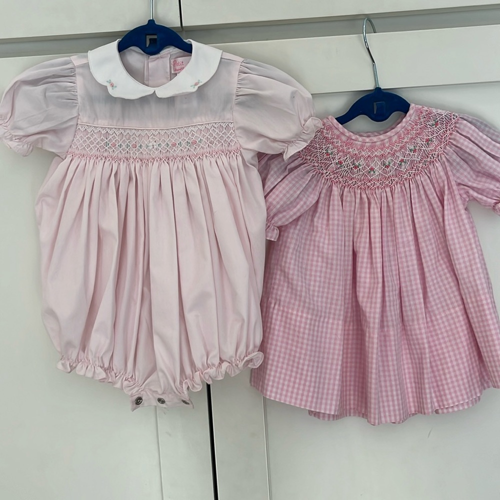 Two smocked items. One dress & one bubble. Size 3 M